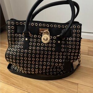 Michael Kors Black Leather Hamilton Bag With Gold Grommets